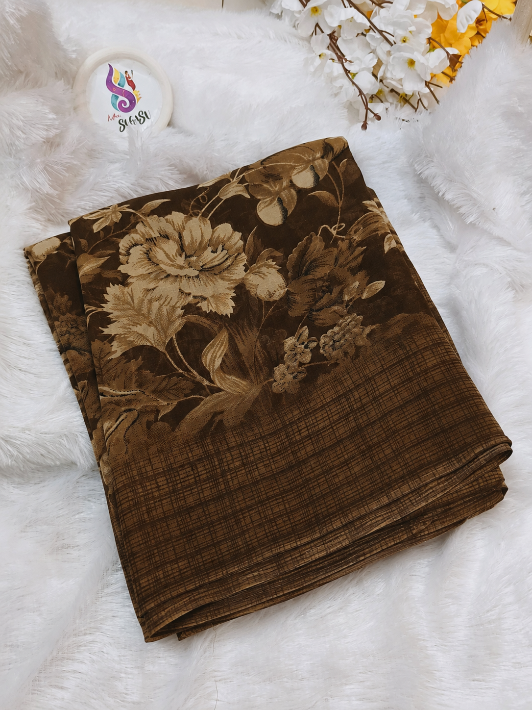 Brown Floral Print Georgette Saree