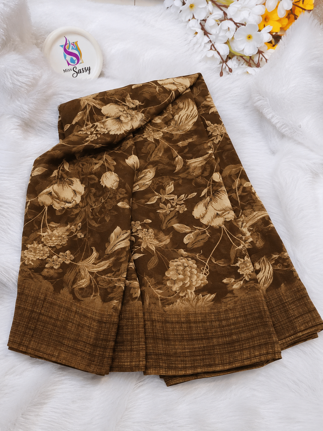 Brown Floral Print Georgette Saree hover