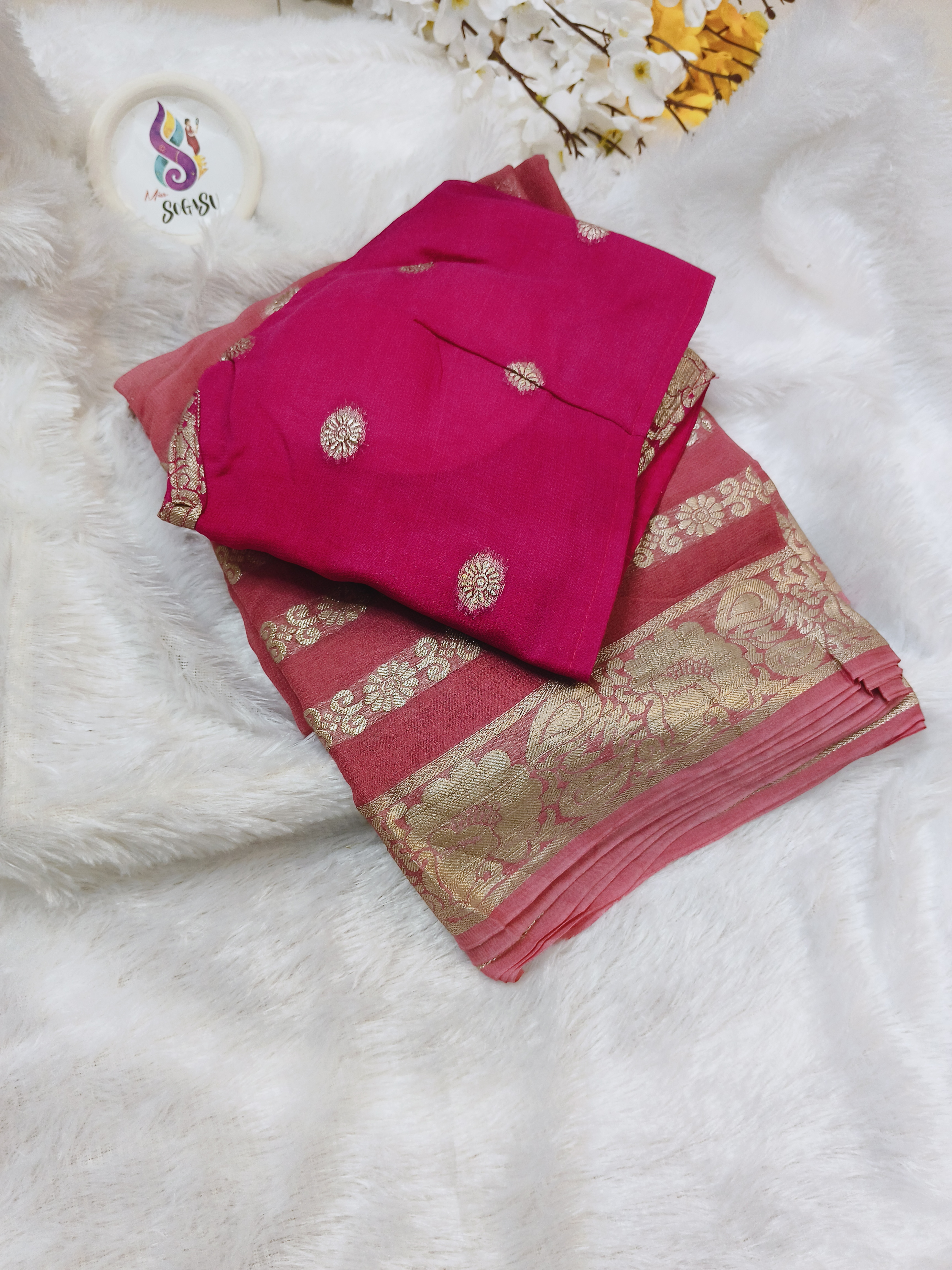 Chinon Silk Saree with Designer Blouse – Pink Gold