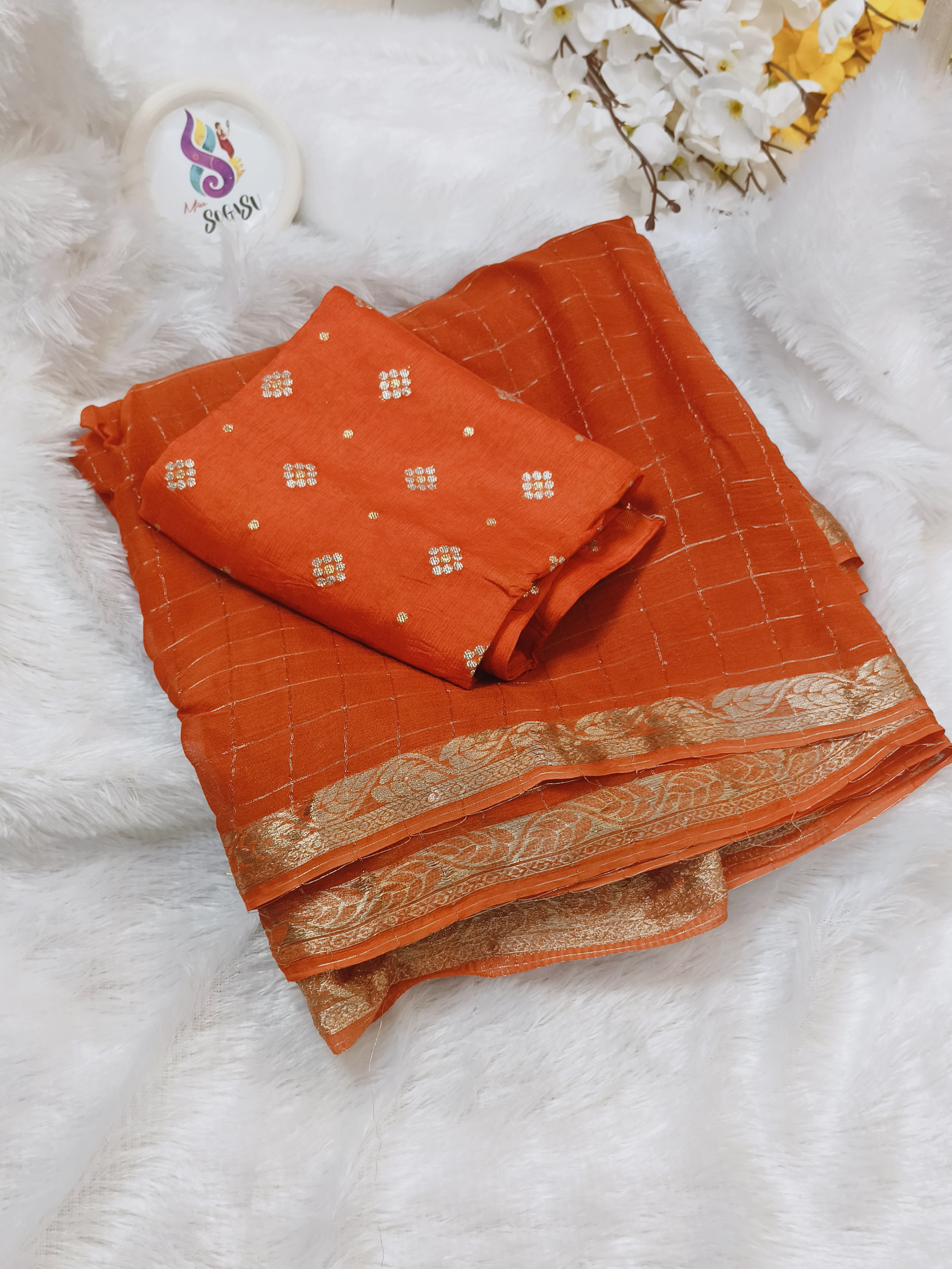 Orange Gold Border Georgette Sareee