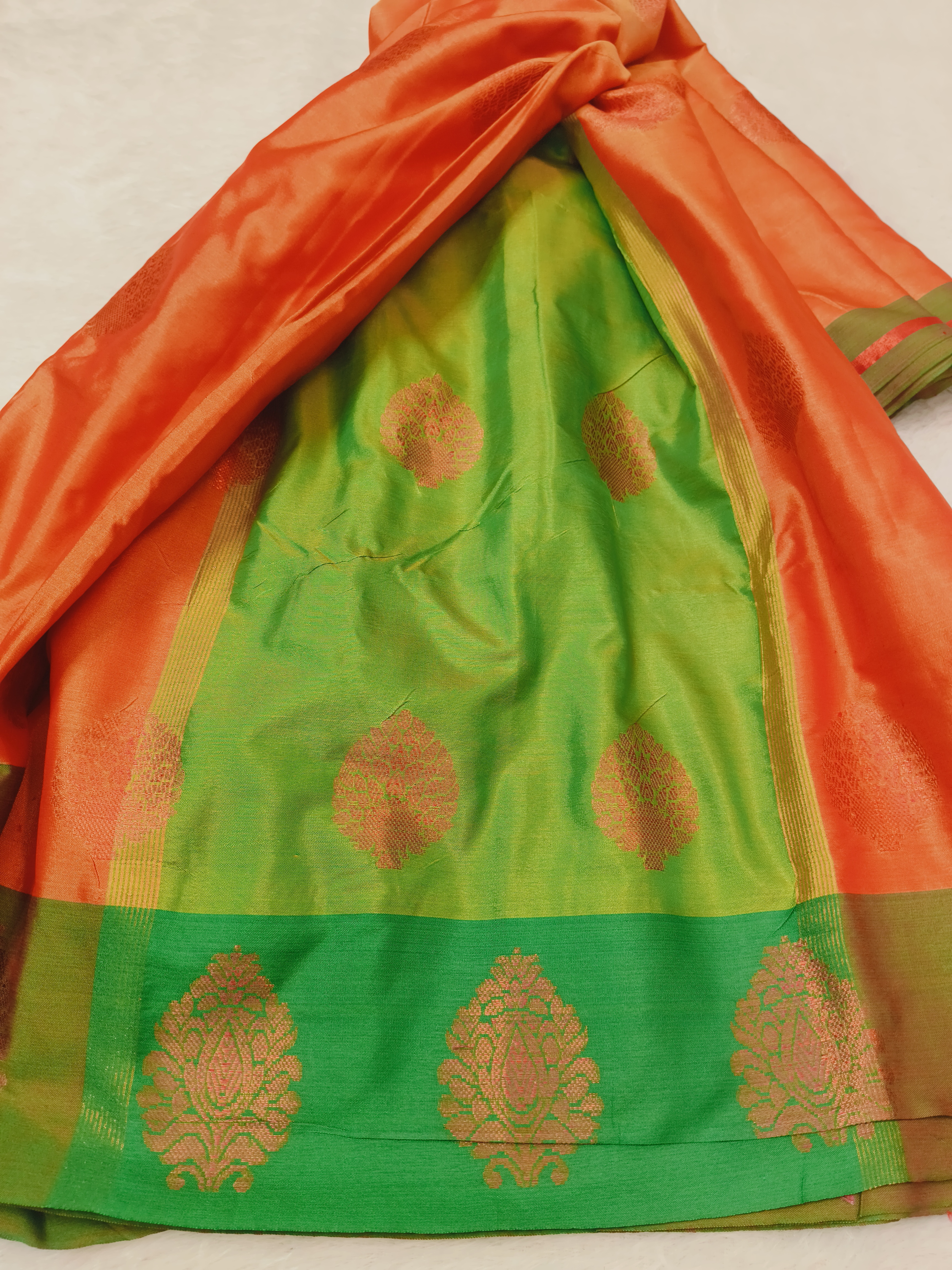 Orange Green Banarasi Zari Saree