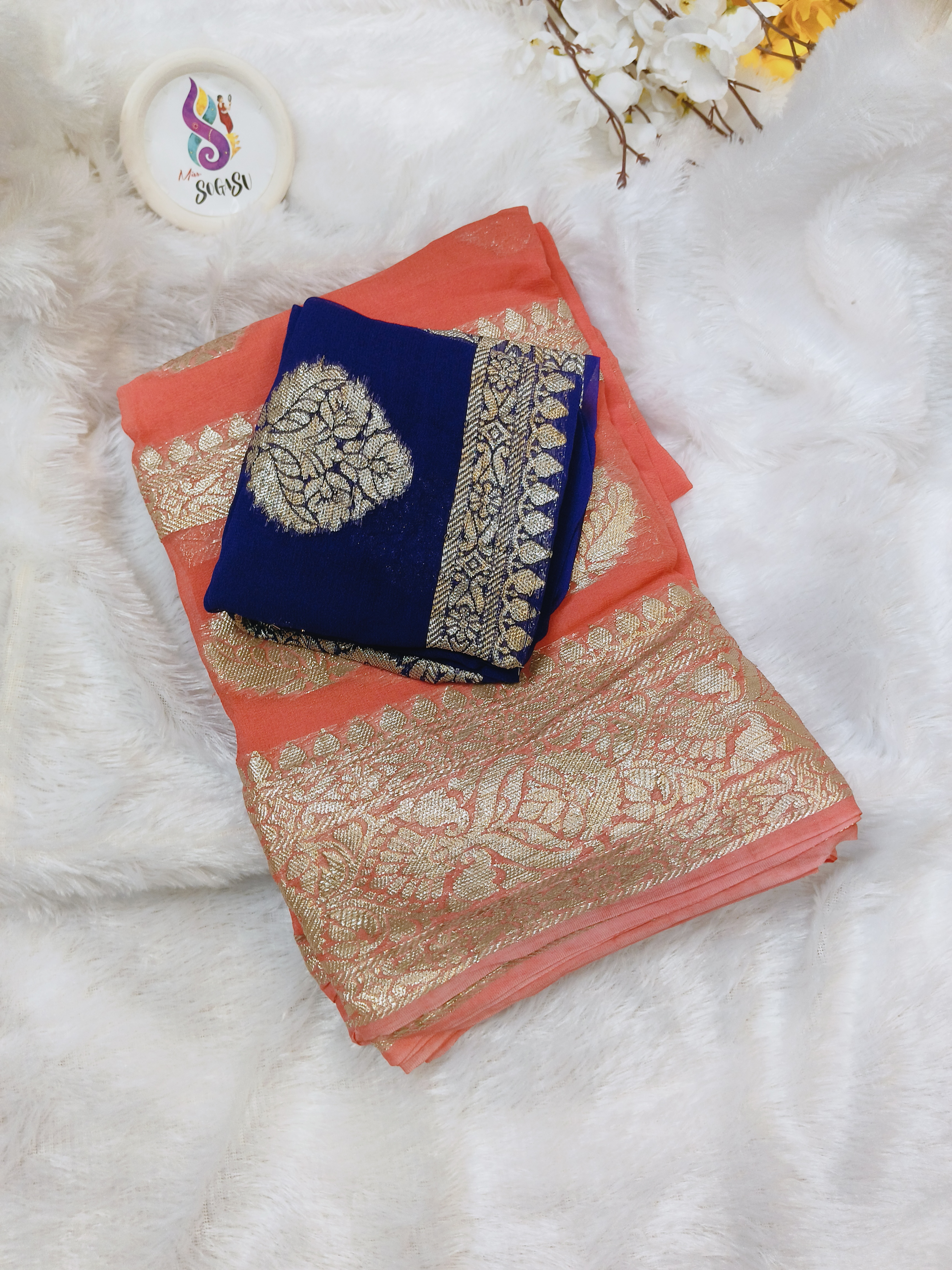 Peach & Navy Blue Chinon Georgette Sareee