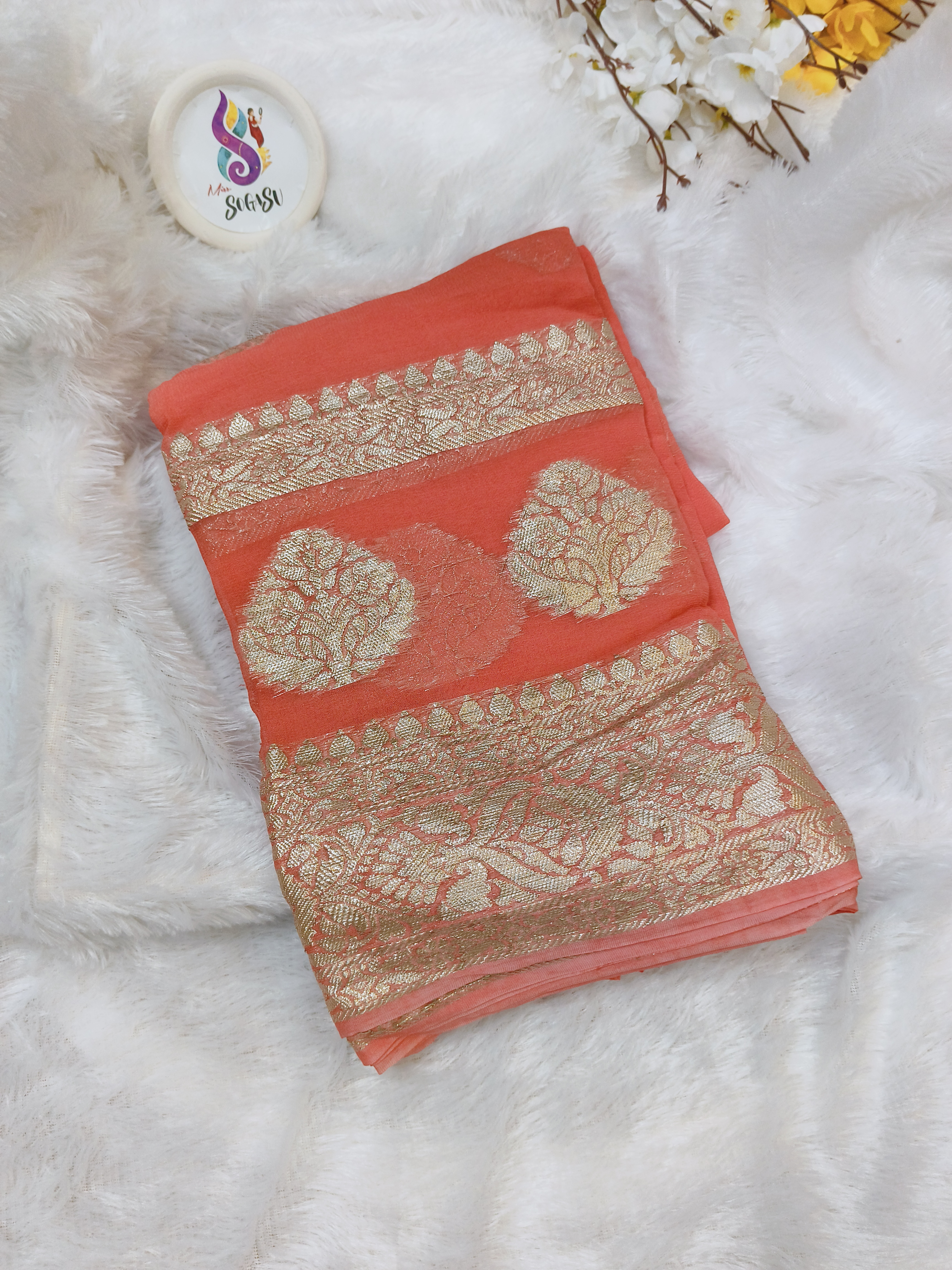 Peach & Navy Blue Chinon Georgette Sareee