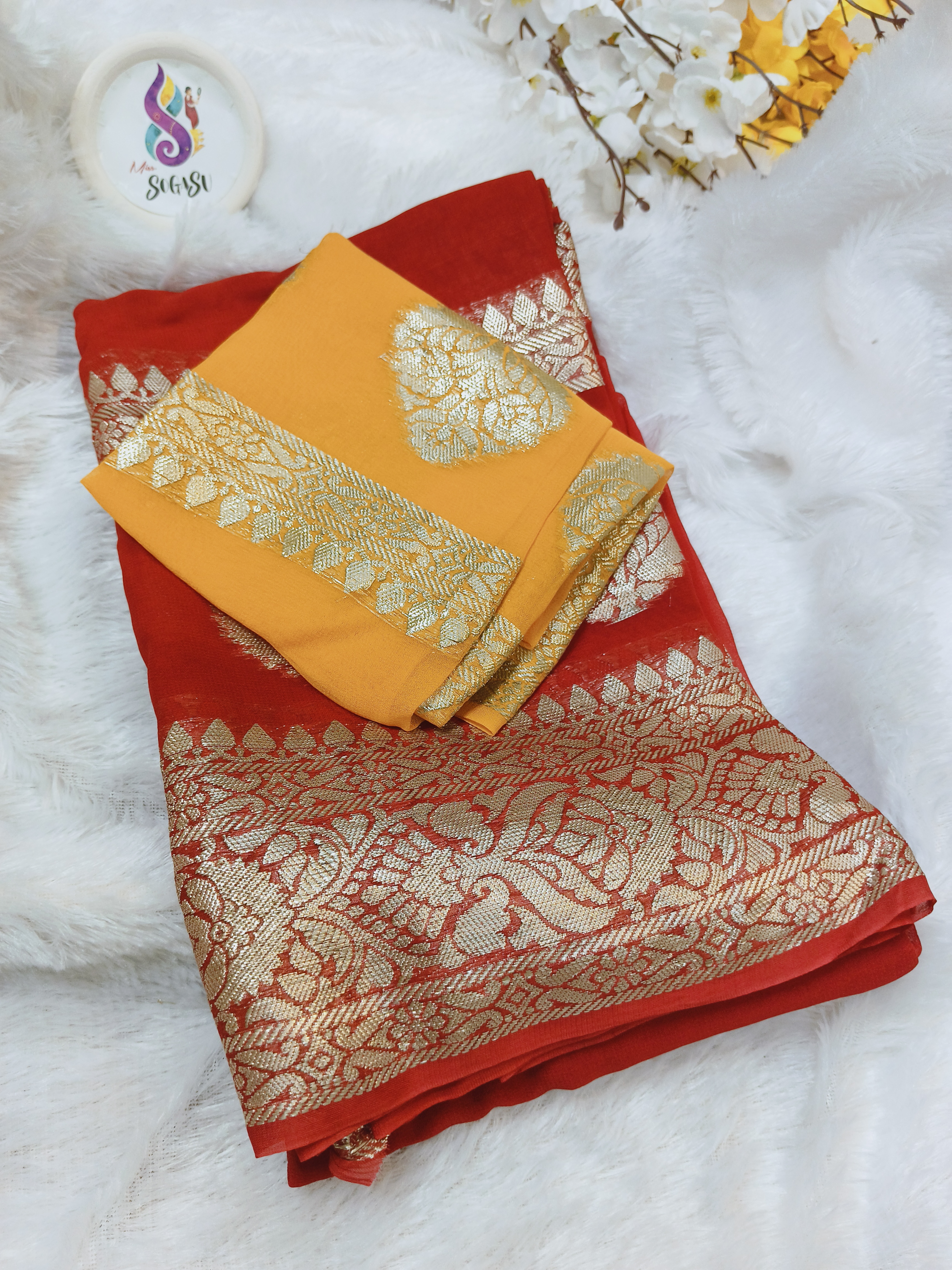 Red & Yellow Chinon Georgette Sareee